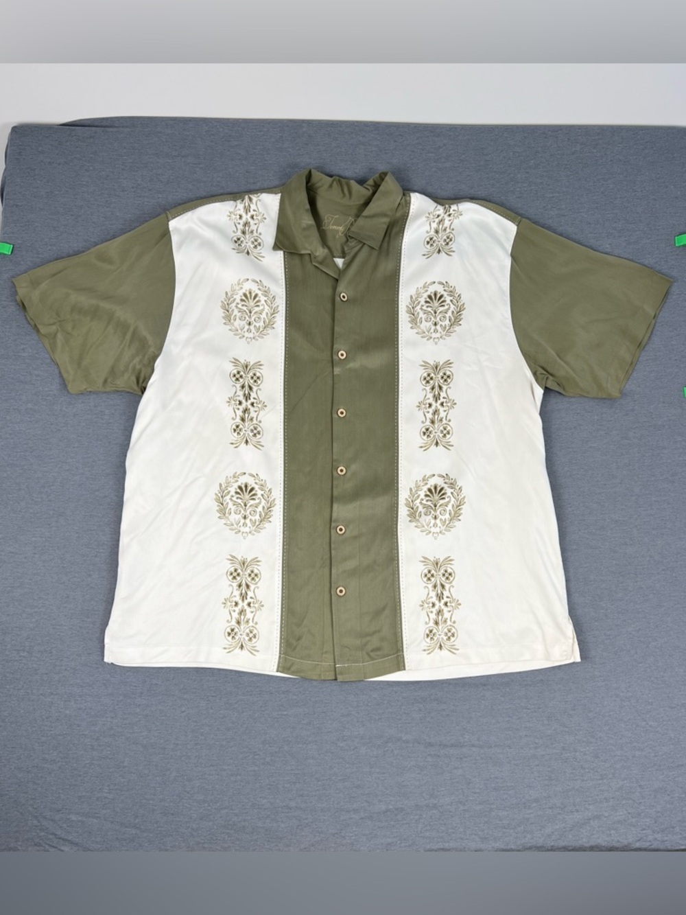 Tommy Bahama 100% Silk Olive and Cream Panel Aloha Shirt